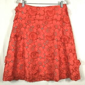 Sevier Skirts Womens Sz 8‎ Orange Floral Eyelet Applique Knee Length A Line